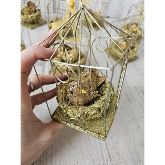 Gold cage bird ornament decor Xmas tree set lot of nine - Picture 6 of 9